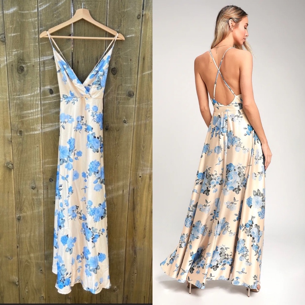 Champagne and Blue Satin Floral Maxi Dress 🌿 XS